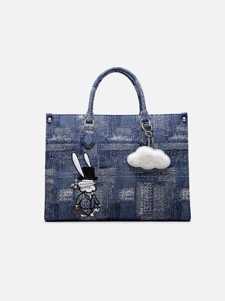 FION Jin Oil Painting Jacquard with Leather Tote Bag | Rabbit Pattern