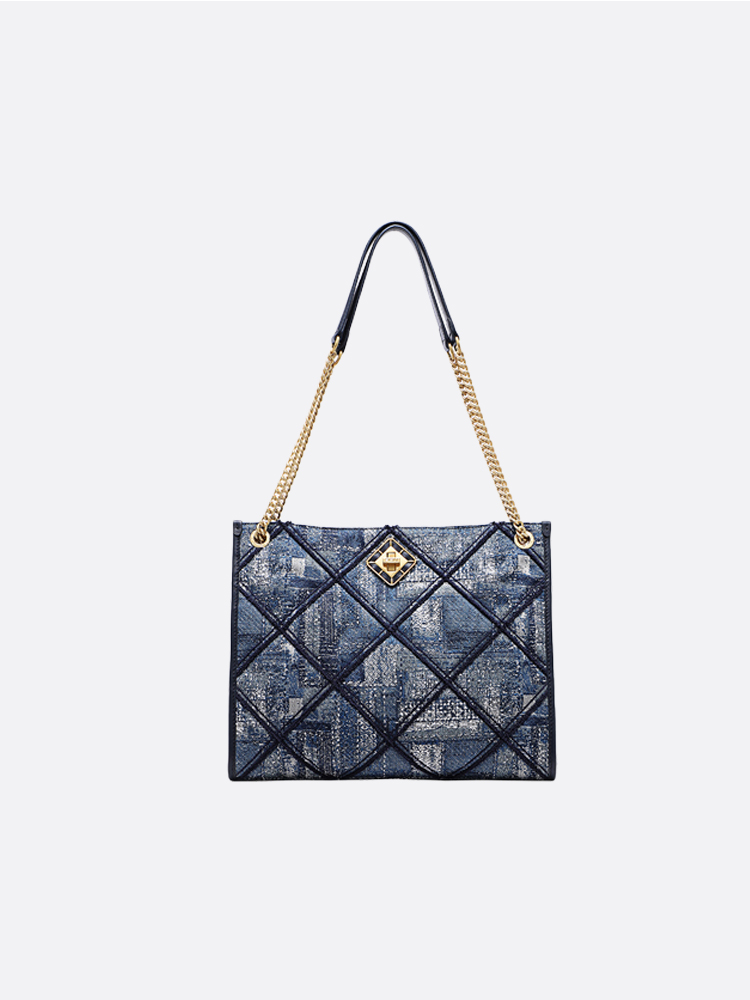 Jacquard with Leather Chain and Leather Strap Tote Bag