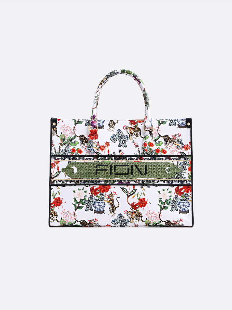 FION Jin Zishi Tiger Jacquard with Leather Tote Bag