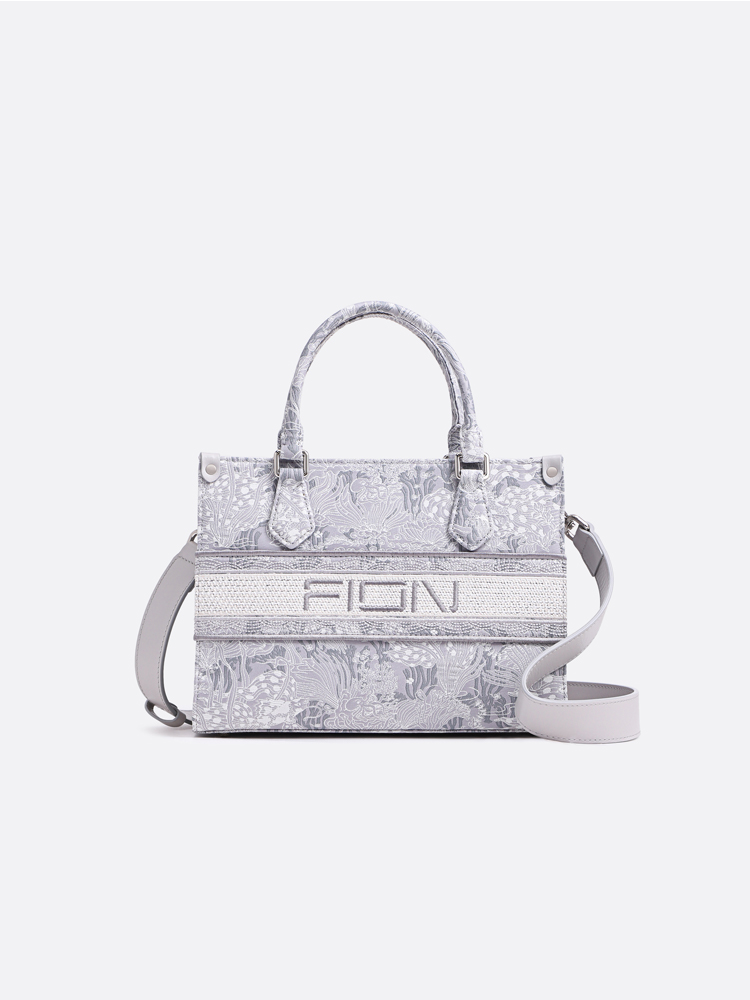FION Jin Moonlight Plant Pattern Jacquard With Leather Tote Bag-Medium