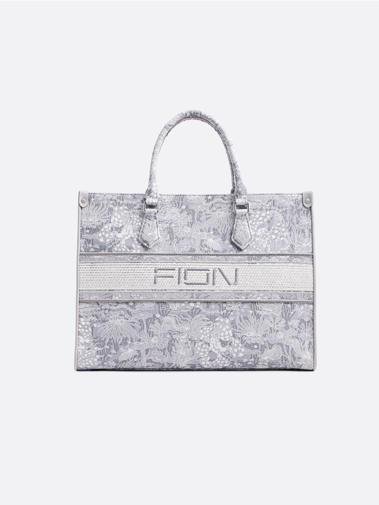 FION Jin Moonlight Plant Pattern Jacquard with Leather Tote Bag-Large