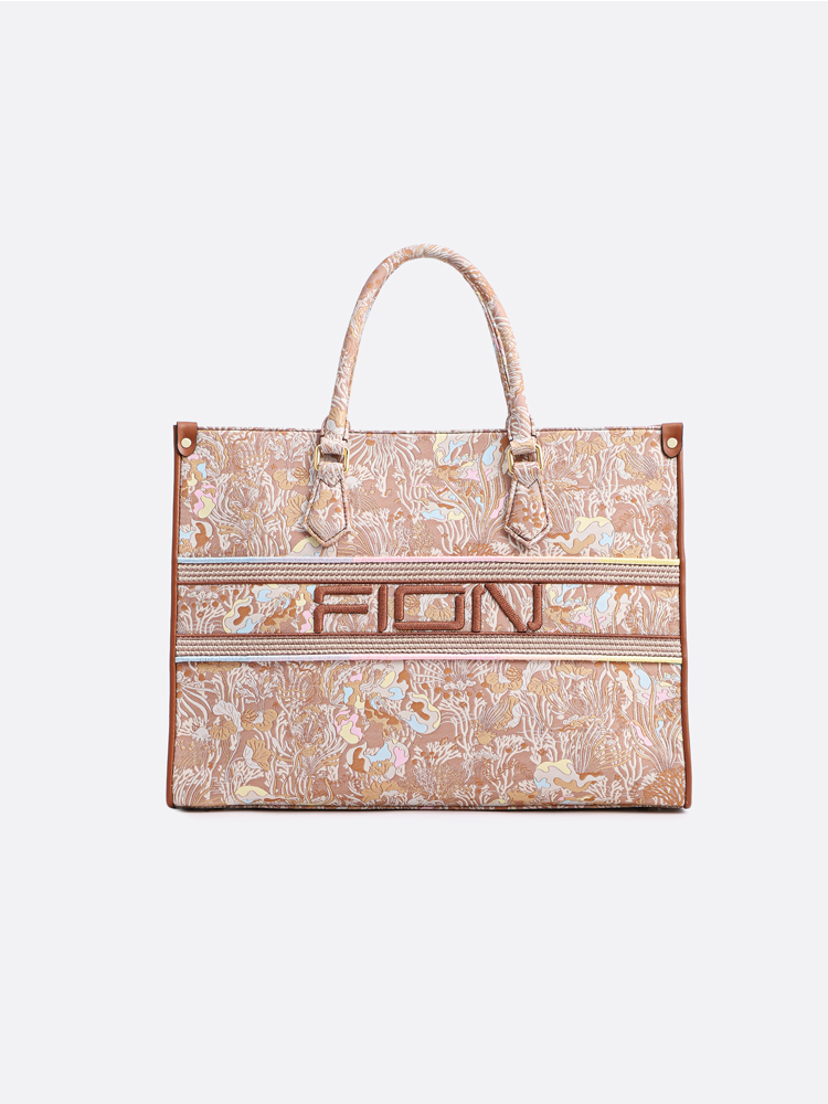 FION Jin Fresco Jacquard with Cow Leather Large Tote Bag