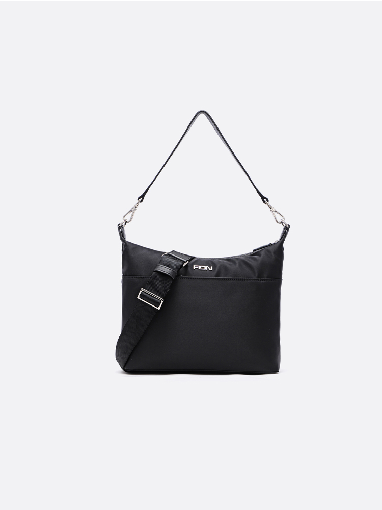 Zipped Nylon Shoulder Bag On Leather Strap