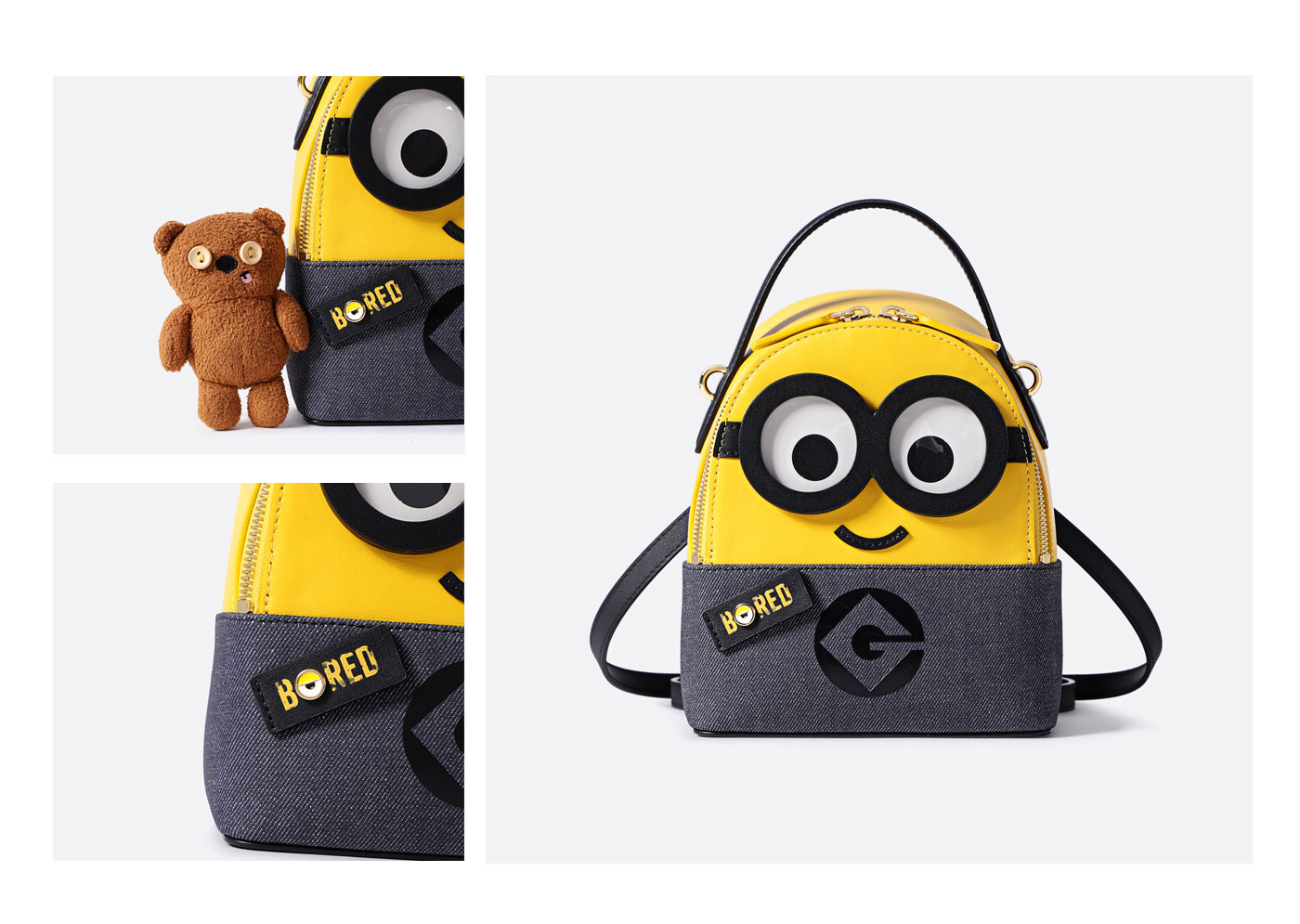 Perfect back view with minions backpack with teddy bear