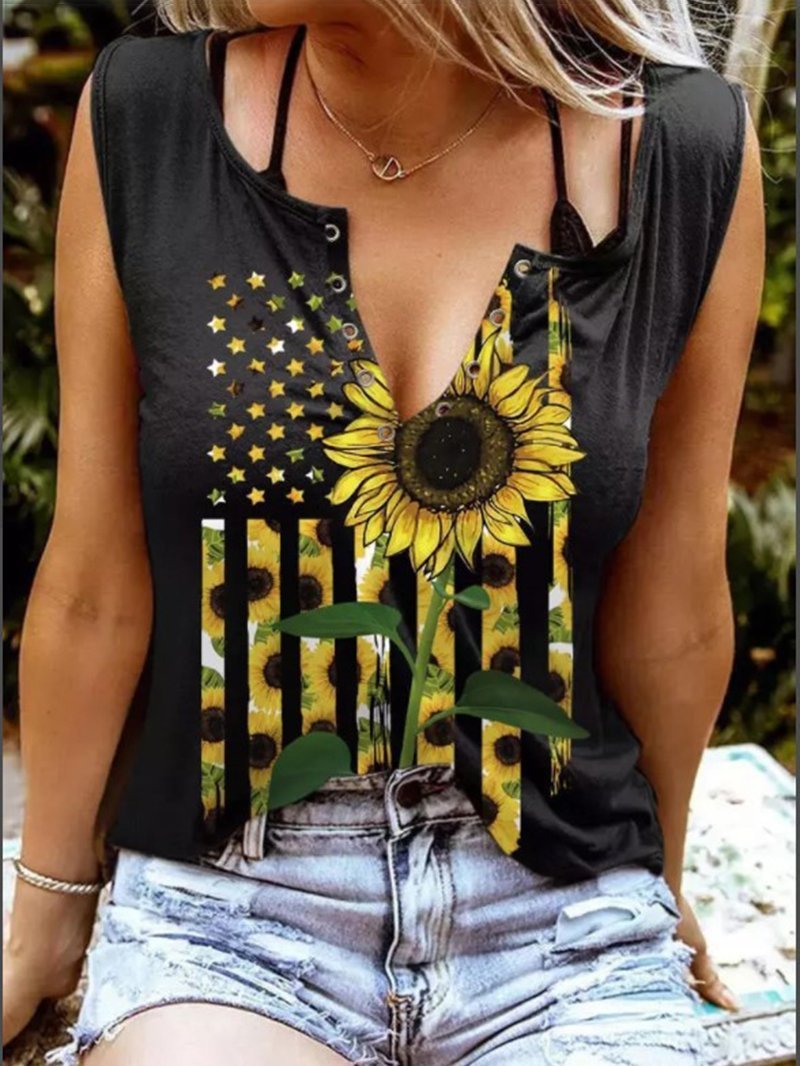 Sunflower Print Deep V-neck Sleeveless Loose Top