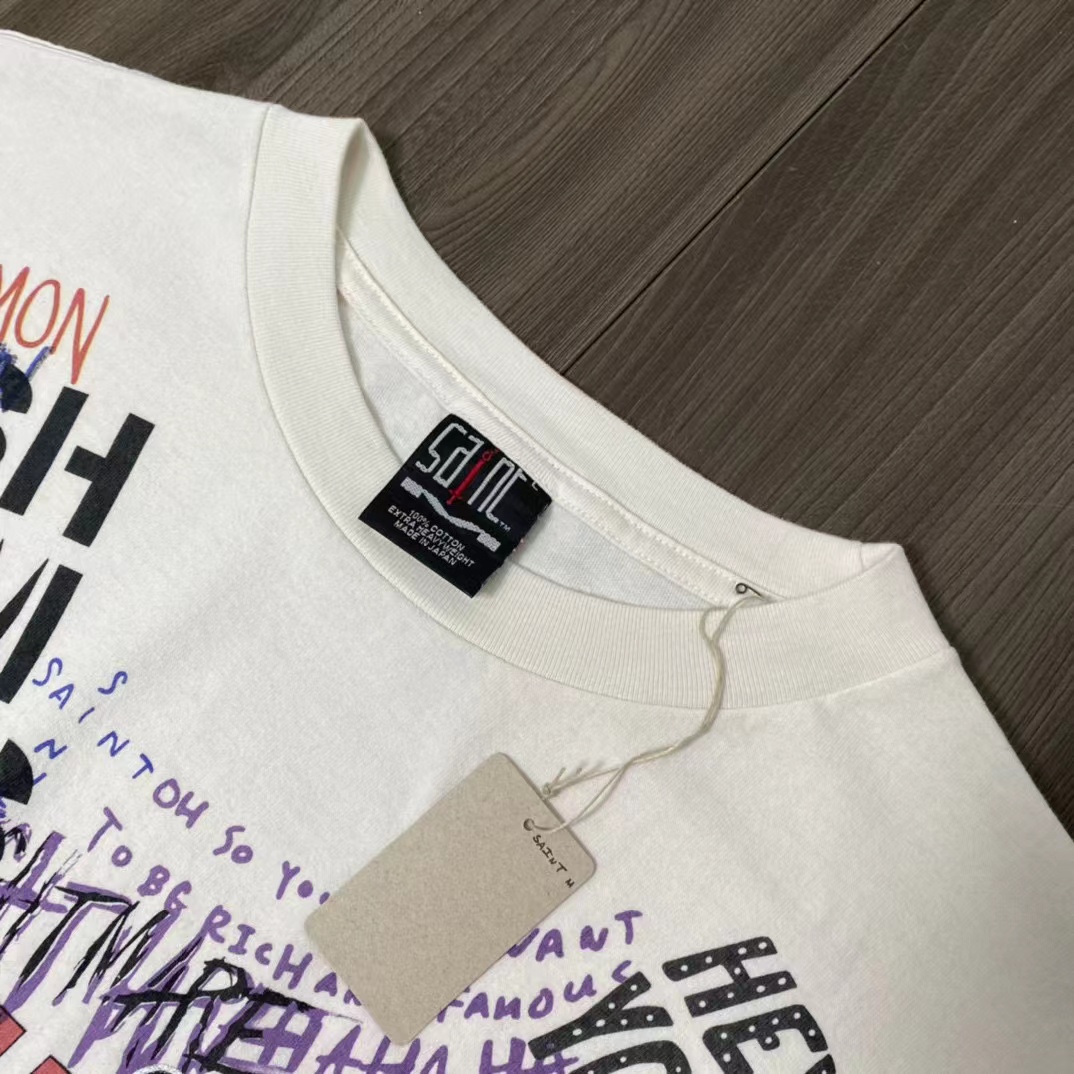 Saint Michael x Takashi Murakami 村上隆 裂纹 重工艺洗水 复古做旧 卡通涂鸦印花 圆领 短袖 白绿色 T恤