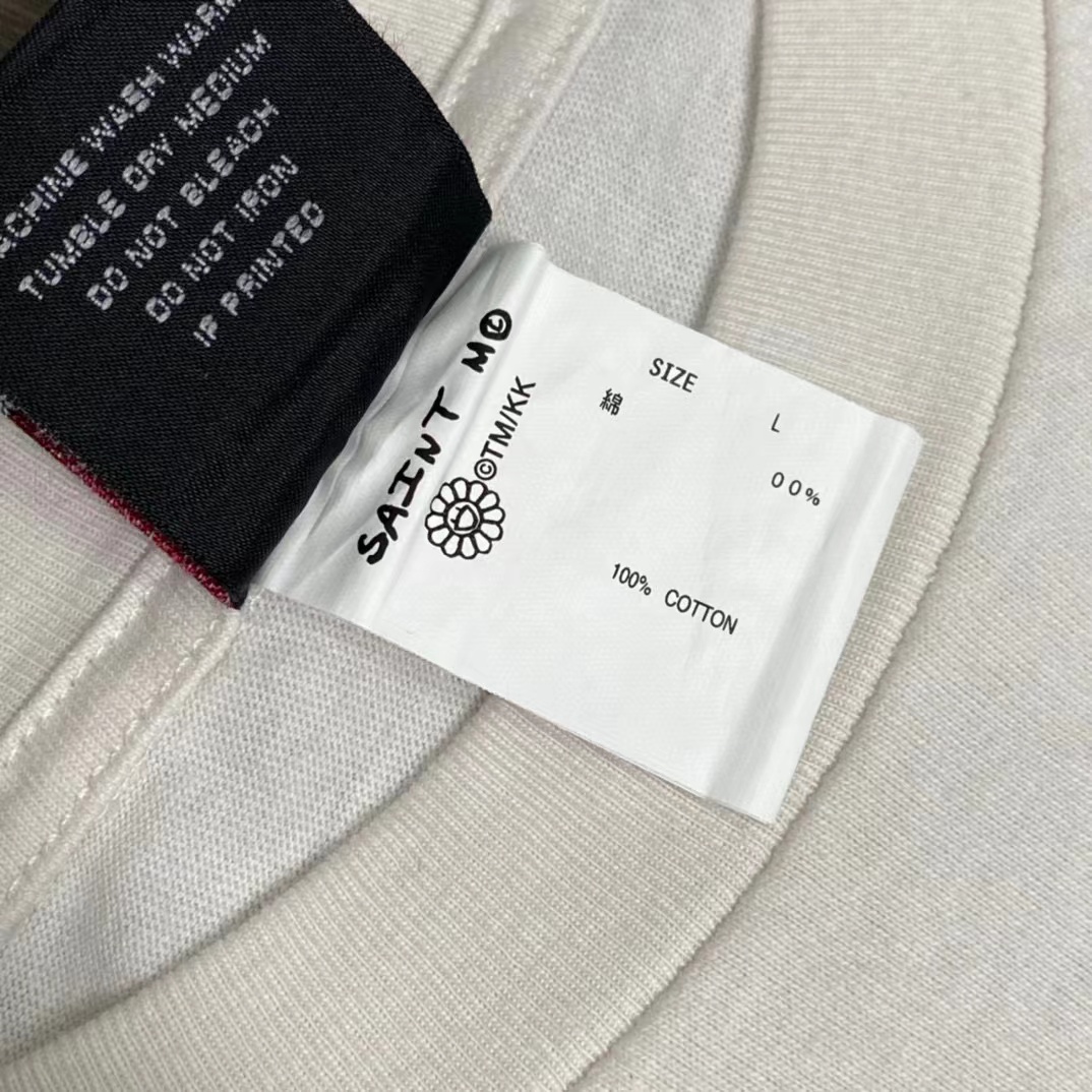 Saint Michael x Takashi Murakami 村上隆 裂纹 重工艺洗水 复古做旧 卡通涂鸦印花 圆领 短袖 白绿色 T恤