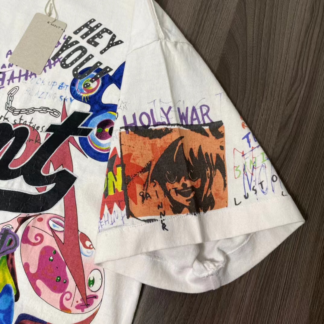 Saint Michael x Takashi Murakami 村上隆 裂纹 重工艺洗水 复古做旧 卡通涂鸦印花 圆领 短袖 白绿色 T恤