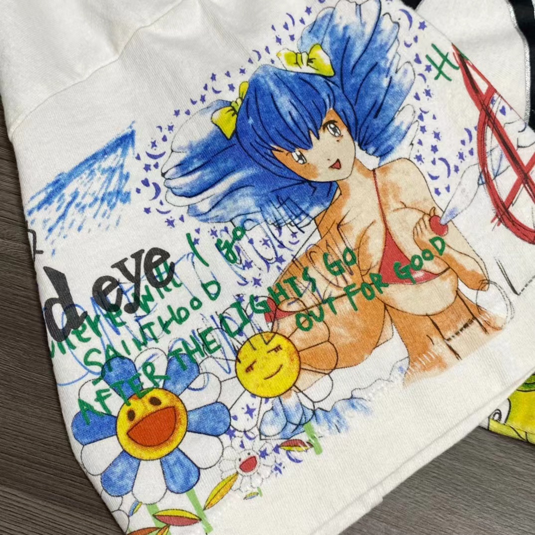 Saint Michael x Takashi Murakami 村上隆 裂纹 重工艺洗水 复古做旧 卡通涂鸦印花 圆领 短袖 白绿色 T恤