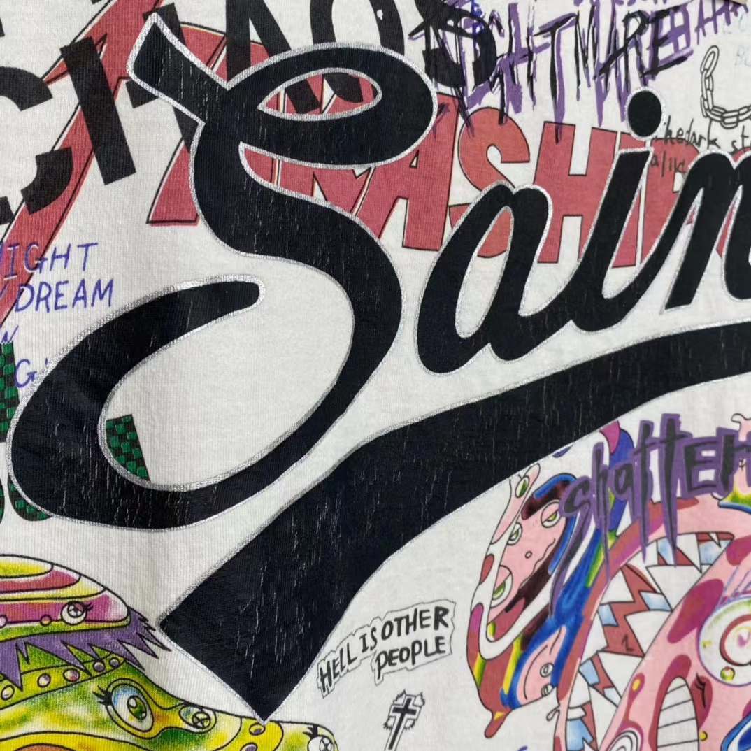 Saint Michael x Takashi Murakami 村上隆 裂纹 重工艺洗水 复古做旧 卡通涂鸦印花 圆领 短袖 白绿色 T恤