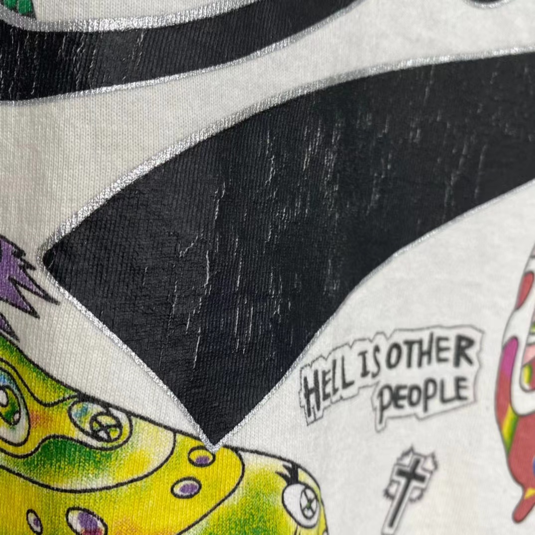 Saint Michael x Takashi Murakami 村上隆 裂纹 重工艺洗水 复古做旧 卡通涂鸦印花 圆领 短袖 白绿色 T恤