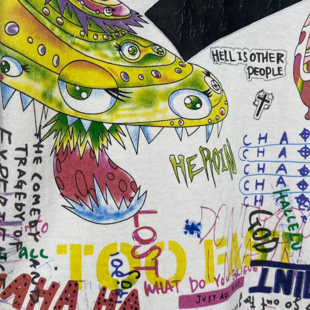 Saint Michael x Takashi Murakami 村上隆 裂纹 重工艺洗水 复古做旧 卡通涂鸦印花 圆领 短袖 白绿色 T恤