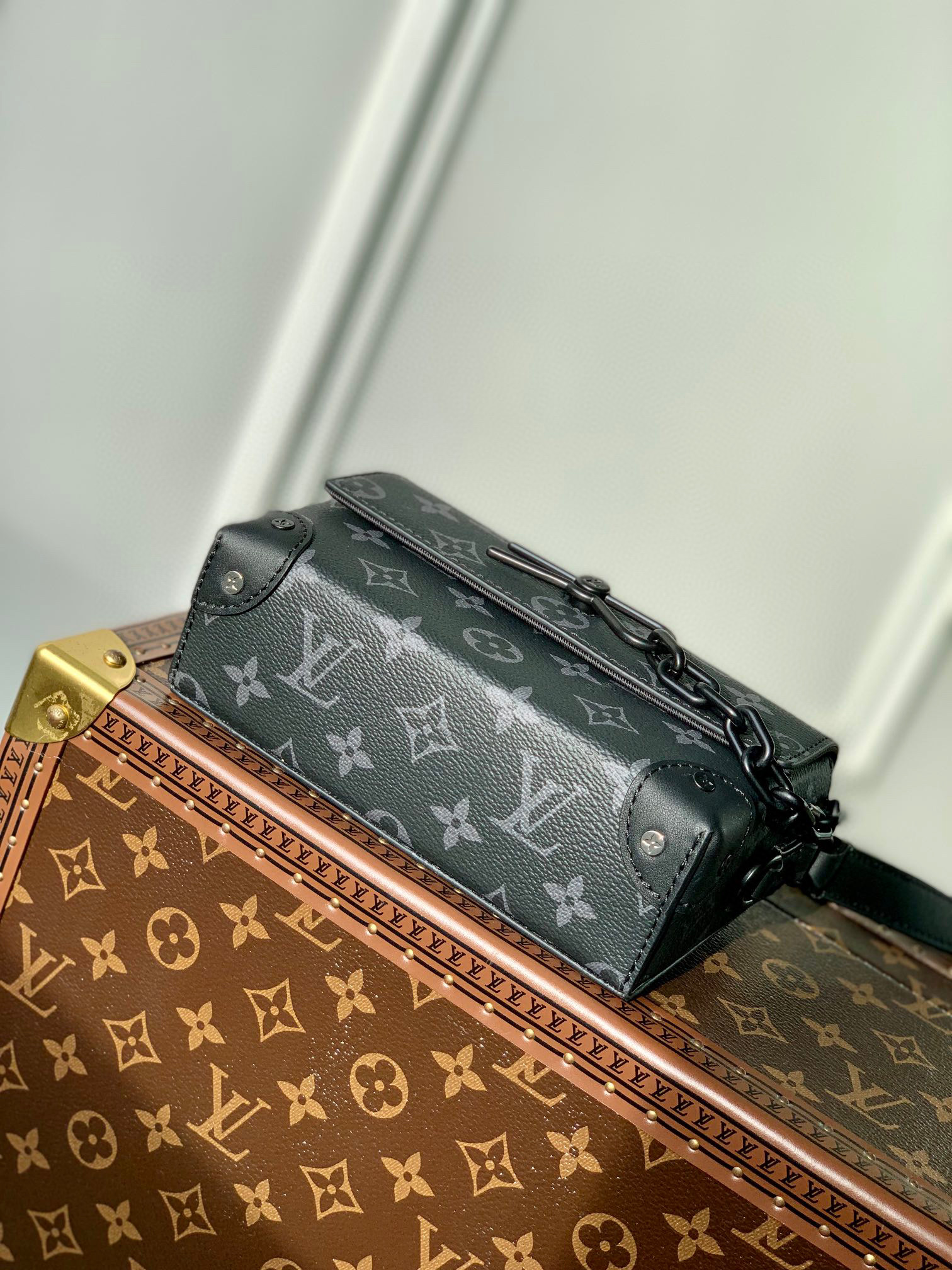 原厂皮 LOUIS VUITTON Steamer 经典老花 印花 锁扣 涂层帆布 邮差包 手提包 单肩包 斜挎包 黑色   M81783