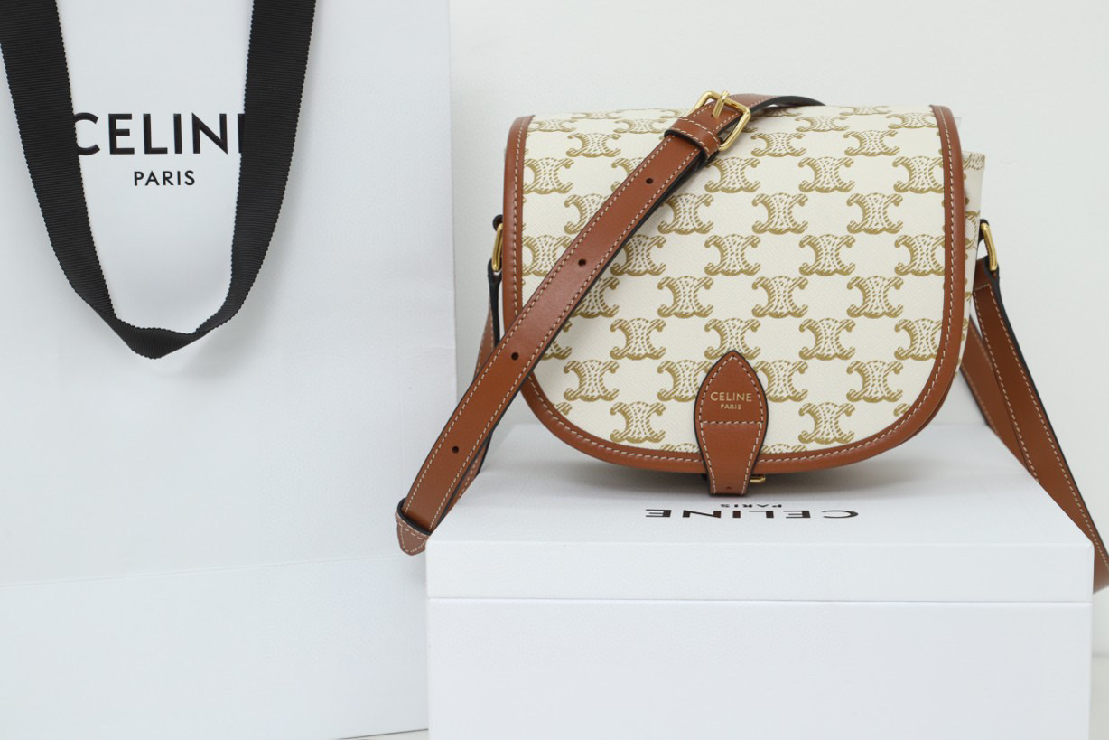 CELINE 赛琳 Folco 经典老花 满印搭扣 白色 邮差包 马鞍包 手提单肩包 斜挎包 中号 191502BZJ-01BC