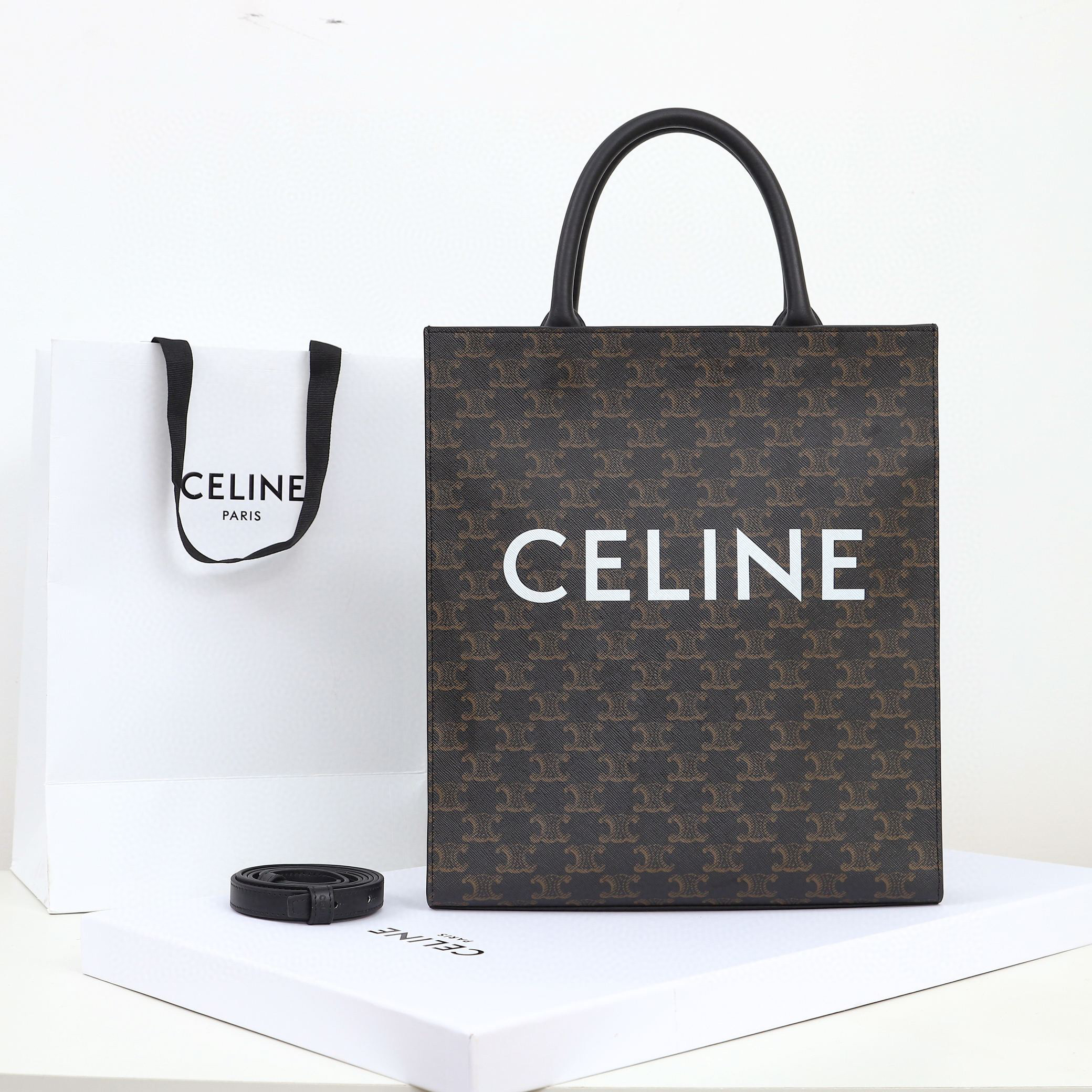 CELINE 赛琳 Cabas Triomphe 凯旋门 竖款经典满印老花 黑色 托特包 手提包 单肩包 斜挎包 小号 
