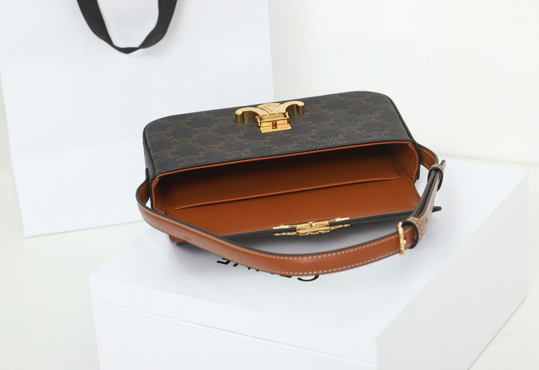 CELINE 赛琳 Triomphe 凯旋门标志 经典满印老花 金属锁扣 黄褐色 腋下包 手提包 单肩包 斜挎包 194142CUZ-04LU