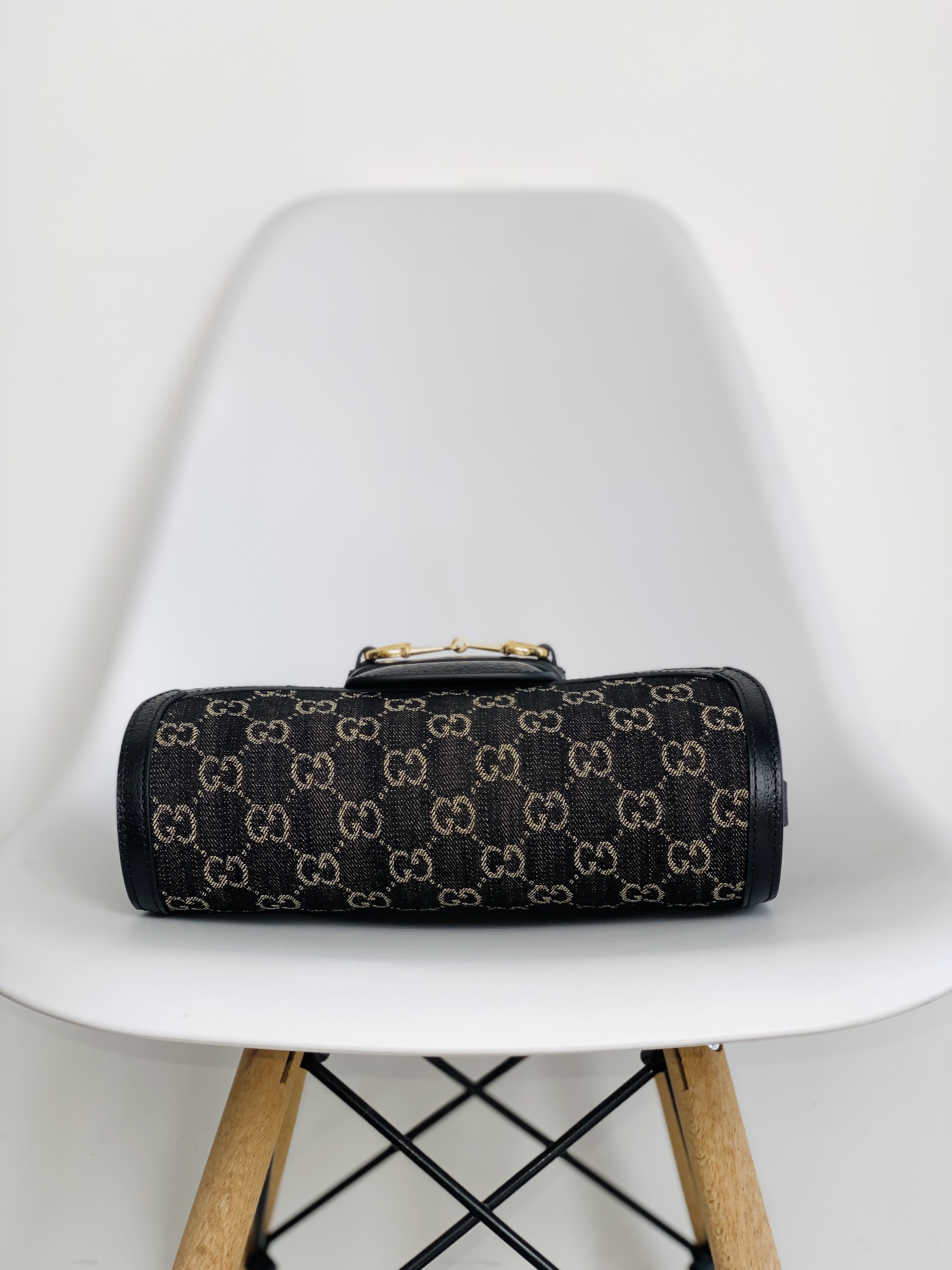 原厂皮 GUCCI 古驰 马衔扣 1955复古金扣 黑丹宁 Denim 老花Logo 黑色 单肩包 斜挎包 手提包 男女同款 602204-UN3BG-1274