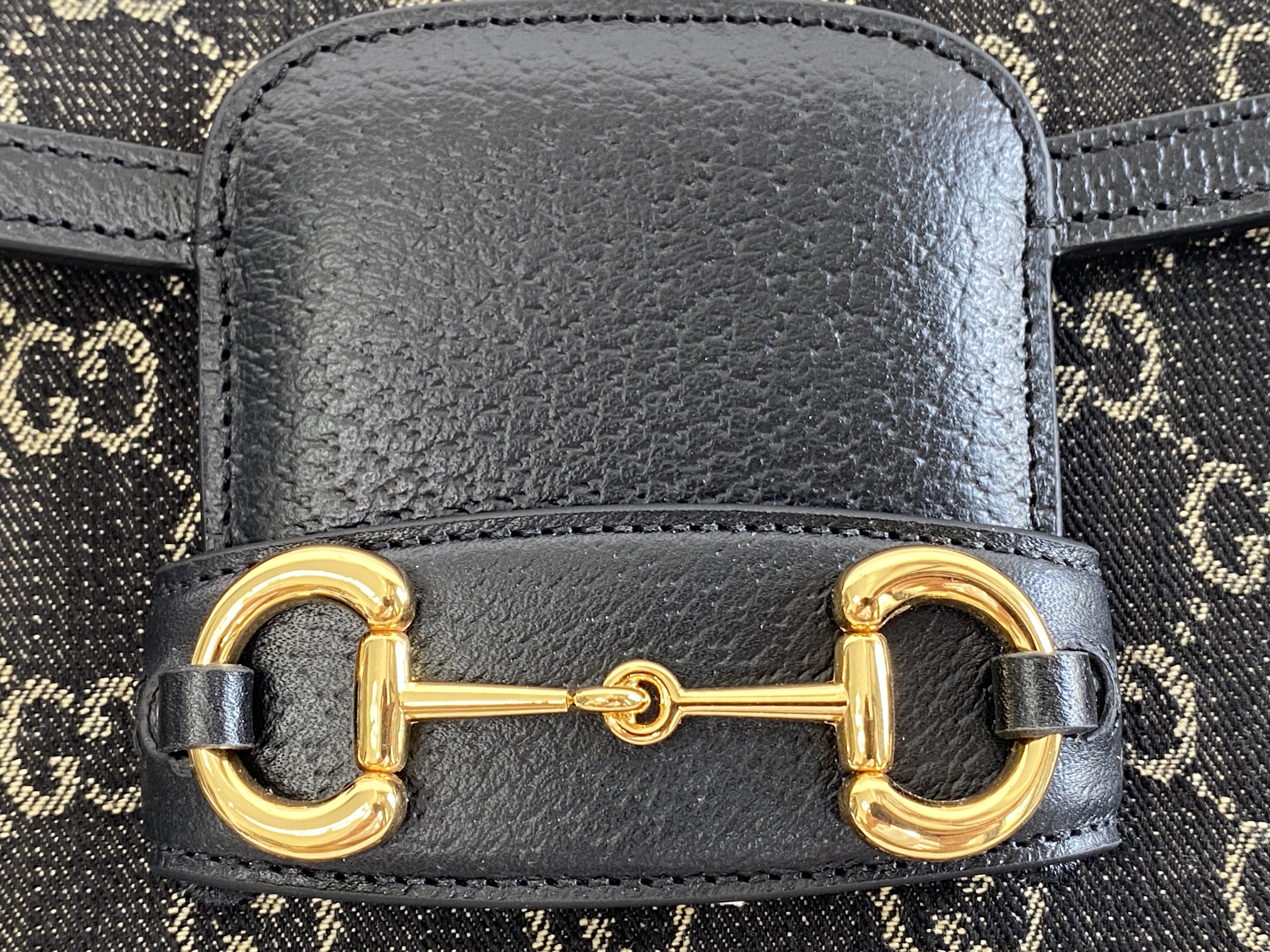 原厂皮 GUCCI 古驰 马衔扣 1955复古金扣 黑丹宁 Denim 老花Logo 黑色 单肩包 斜挎包 手提包 男女同款 602204-UN3BG-1274