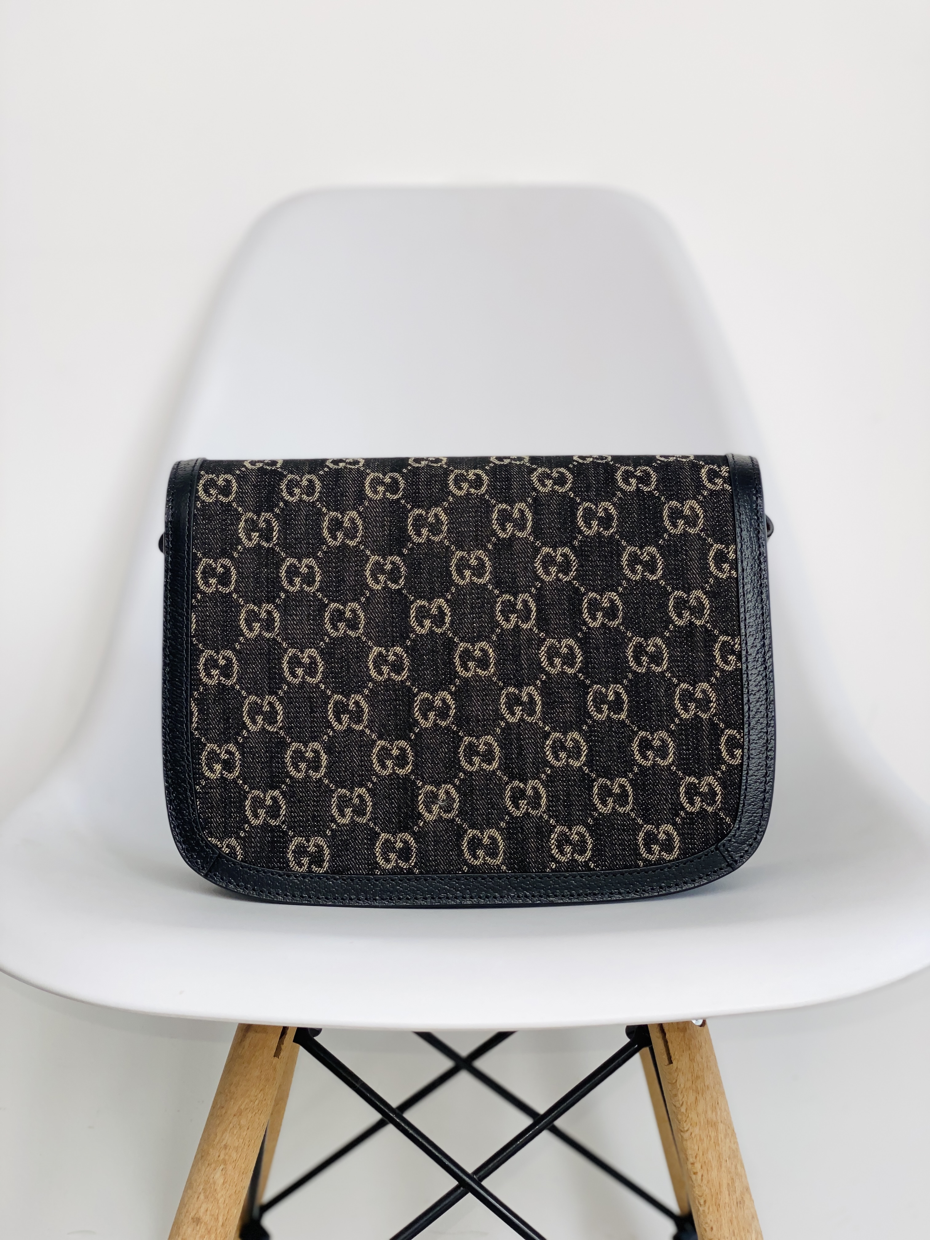 原厂皮 GUCCI 古驰 马衔扣 1955复古金扣 黑丹宁 Denim 老花Logo 黑色 单肩包 斜挎包 手提包 男女同款 602204-UN3BG-1274