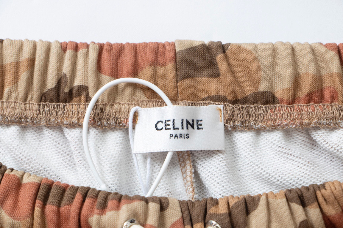  CELINE 赛琳 小刺绣 胶囊系列 字母logo 卫裤 黑色 休闲裤 运动裤 短裤 男女同款 黄迷彩