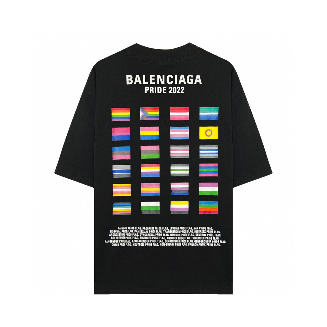 Balenciaga 巴黎世家 FW22 PRIDE 22系列双人像多国国旗印花 Logo 黑色 T 恤 圆领 夏季 男女同款