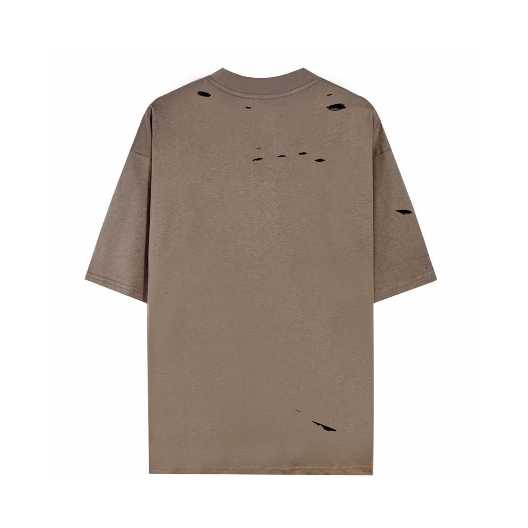 Balenciaga 巴黎世家 字母印花图案破洞圆领 短袖 咖啡色 T 恤 圆领 夏季 男女同款
