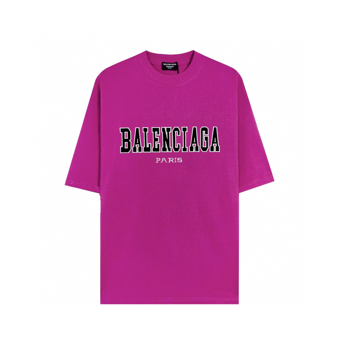 Balenciaga 巴黎世家 胸前刺绣字母Logo短袖 玫红色 T 恤 圆领 夏季 男女同款