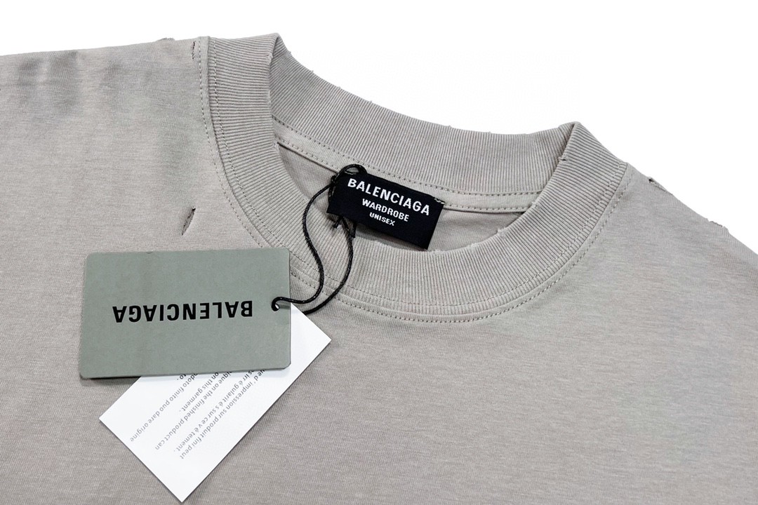 Balenciaga 巴黎世家 马赛克模糊 Logo BB字母破洞短袖 火山灰色 T 恤 圆领 夏季 男女同款