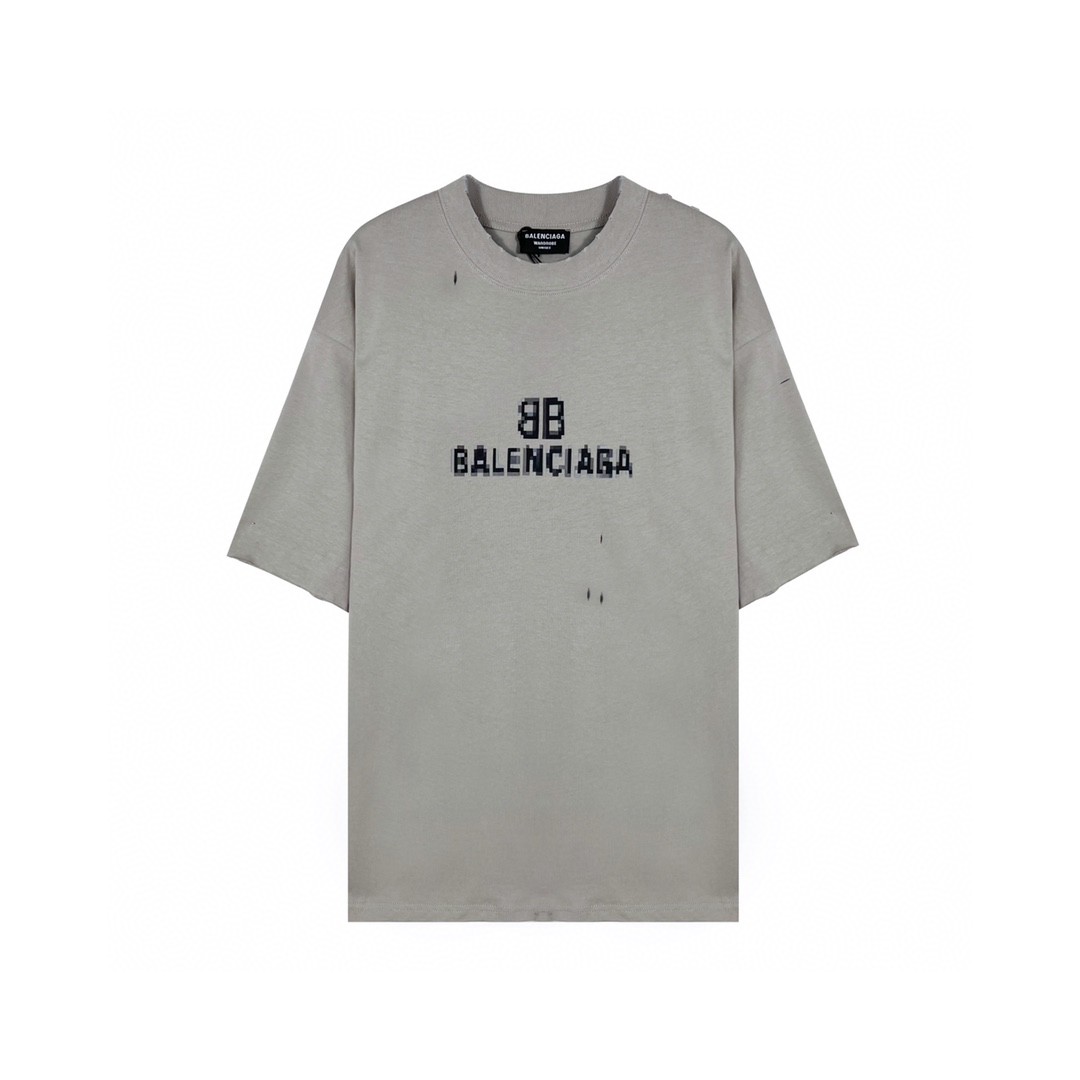 Balenciaga 巴黎世家 马赛克模糊 Logo BB字母破洞短袖 火山灰色 T 恤 圆领 夏季 男女同款