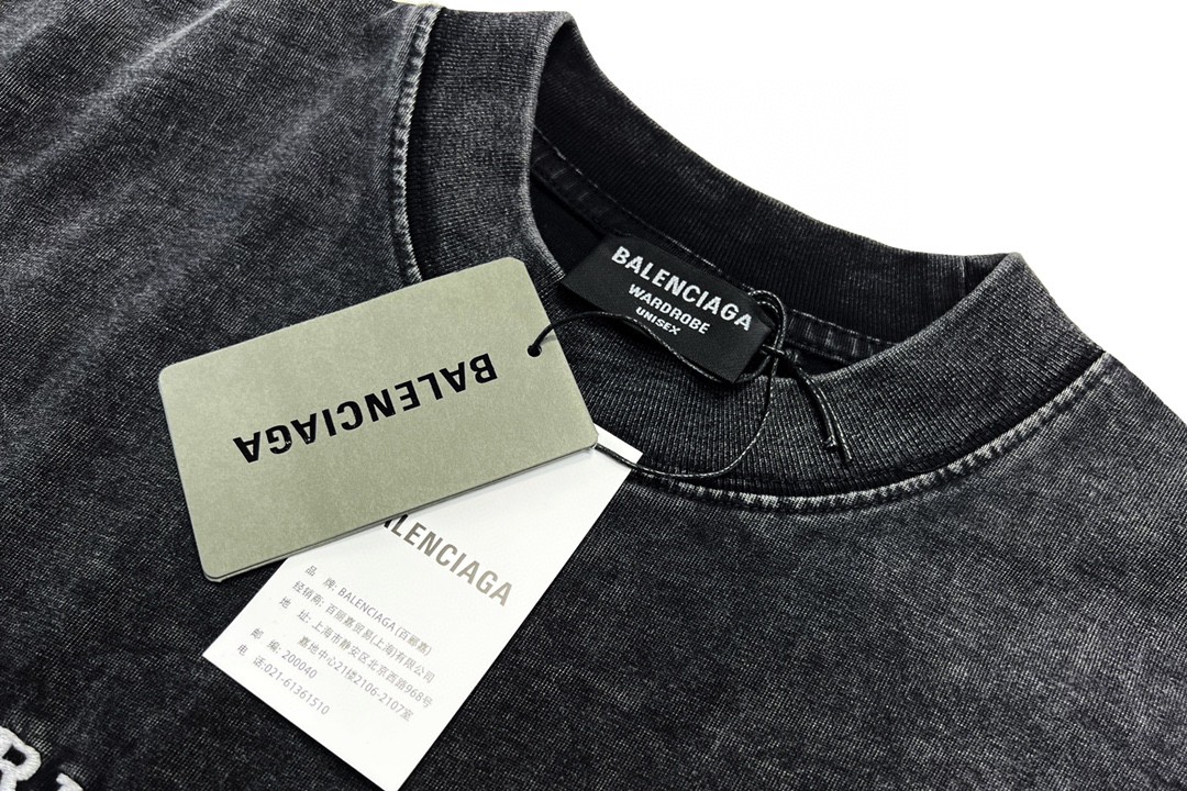 Balenciaga 巴黎世家 双B字母刺绣logo 蝙蝠侠 做旧水洗短袖 黑色 T 恤 圆领 夏季 男女同款