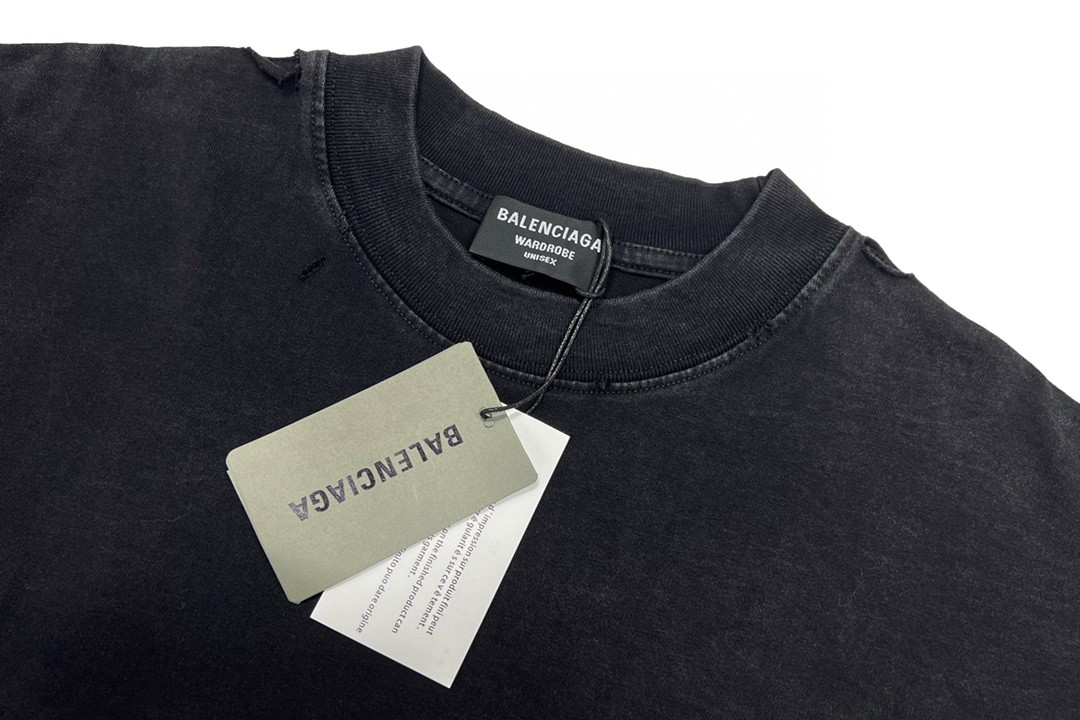 Balenciaga 巴黎世家 可乐波浪字母logo 刺绣图案 做旧水洗短袖 黑色 T 恤 圆领 夏季 男女同款