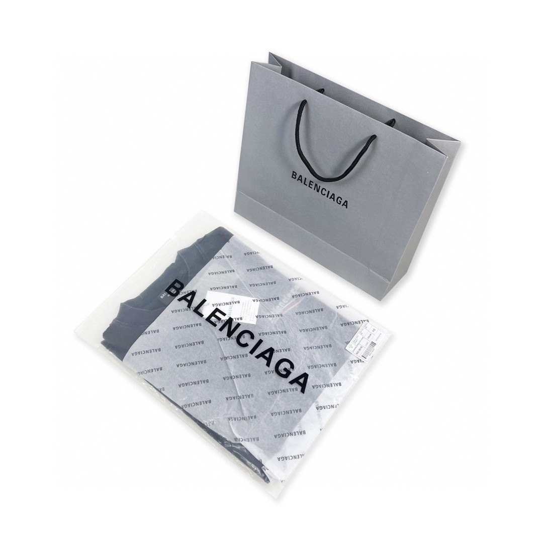 Balenciaga 巴黎世家 可乐波浪字母logo 刺绣图案 做旧水洗短袖 黑色 T 恤 圆领 夏季 男女同款