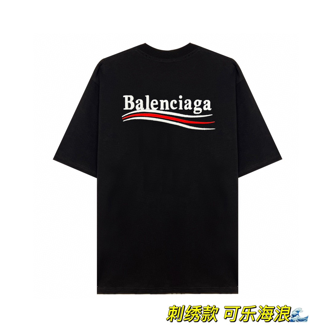 Balenciaga 巴黎世家 可乐波浪字母logo 刺绣图案 短袖 黑色 T 恤 圆领 夏季 男女同款
