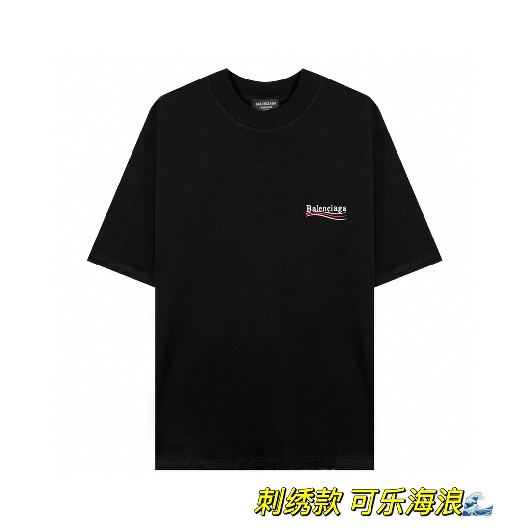 Balenciaga 巴黎世家 可乐波浪字母logo 刺绣图案 短袖 黑色 T 恤 圆领 夏季 男女同款