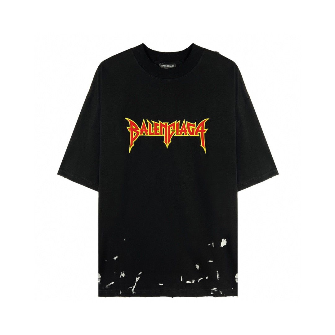 Balenciaga 巴黎世家 闪电字母Metallica摇滚乐队系列 泼墨水洗 破坏撕裂纹印花破洞短袖T恤【全新天花板级别】 圆领 短袖 