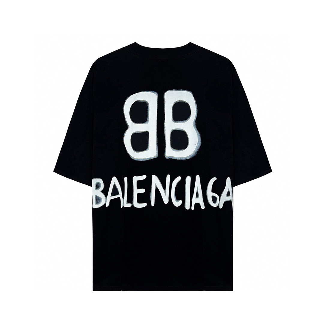 Balenciaga 巴黎世家 字母印花图案破洞圆领 短袖 黑色 T 恤 圆领 夏季 男女同款