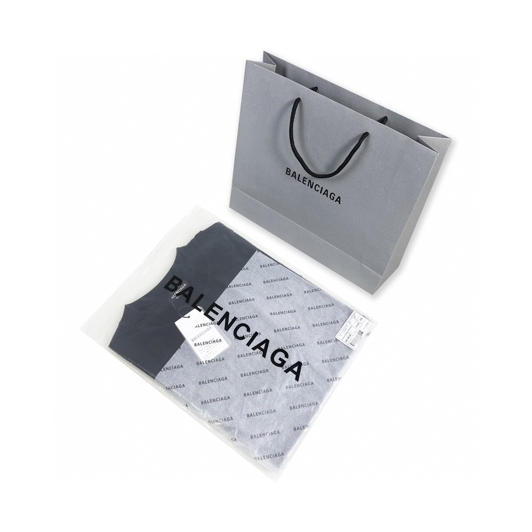 Balenciaga 巴黎世家 字母印花图案破洞圆领 短袖 黑色 T 恤 圆领 夏季 男女同款