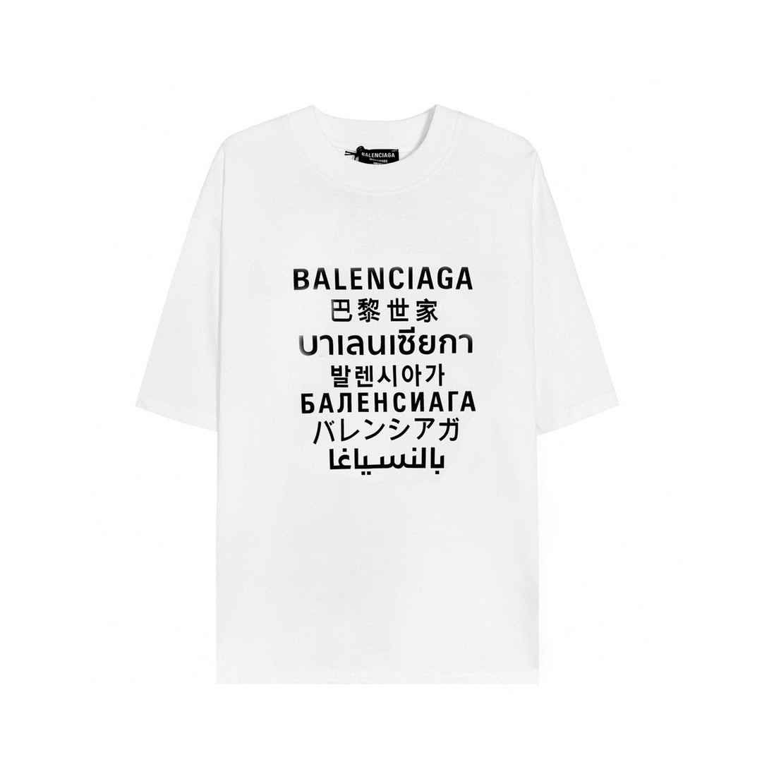Balenciaga 巴黎世家 七国语言文字印花圆领 短袖 白色 T 恤 圆领 夏季 男女同款