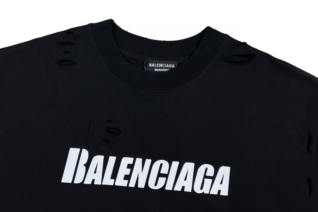 Balenciaga 巴黎世家 字母印花图案破洞圆领 短袖 黑色 T 恤 圆领 夏季 男女同款