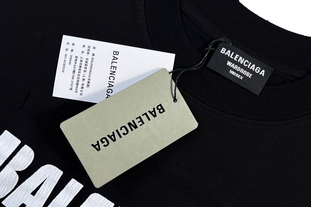 Balenciaga 巴黎世家 字母印花图案破洞圆领 短袖 黑色 T 恤 圆领 夏季 男女同款