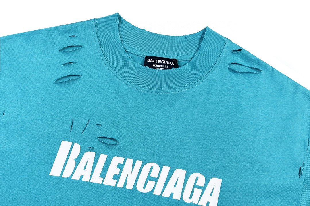 Balenciaga 巴黎世家 字母印花图案破洞圆领 短袖 湖水绿 T 恤 圆领 夏季 男女同款