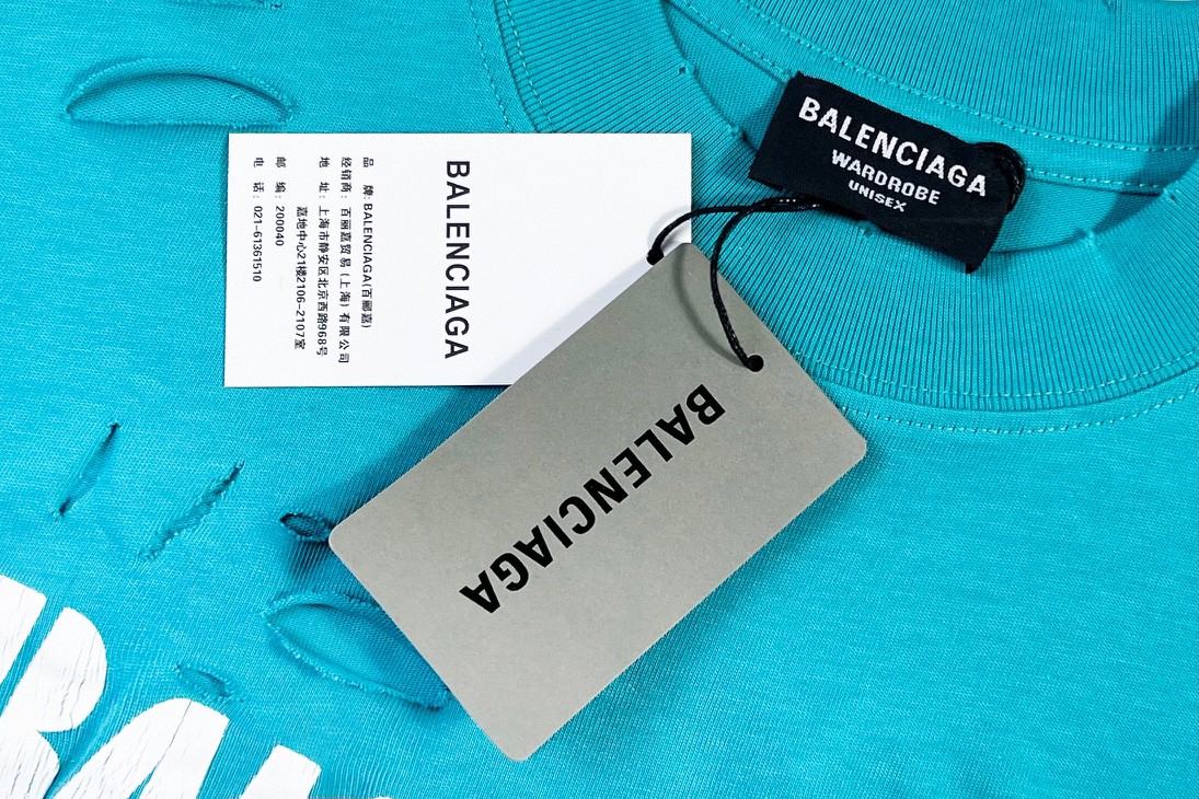 Balenciaga 巴黎世家 字母印花图案破洞圆领 短袖 湖水绿 T 恤 圆领 夏季 男女同款