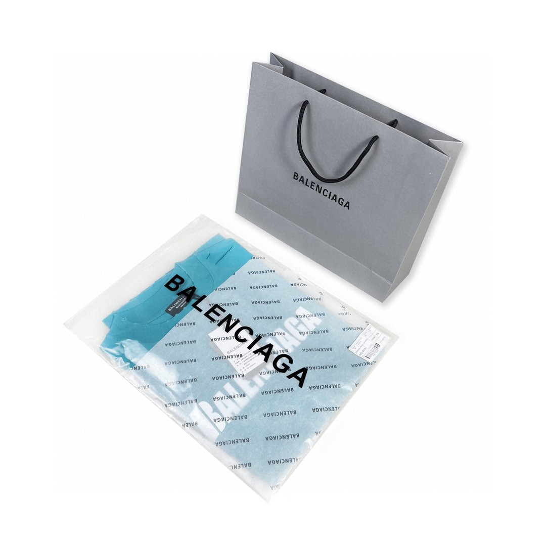 Balenciaga 巴黎世家 字母印花图案破洞圆领 短袖 湖水绿 T 恤 圆领 夏季 男女同款