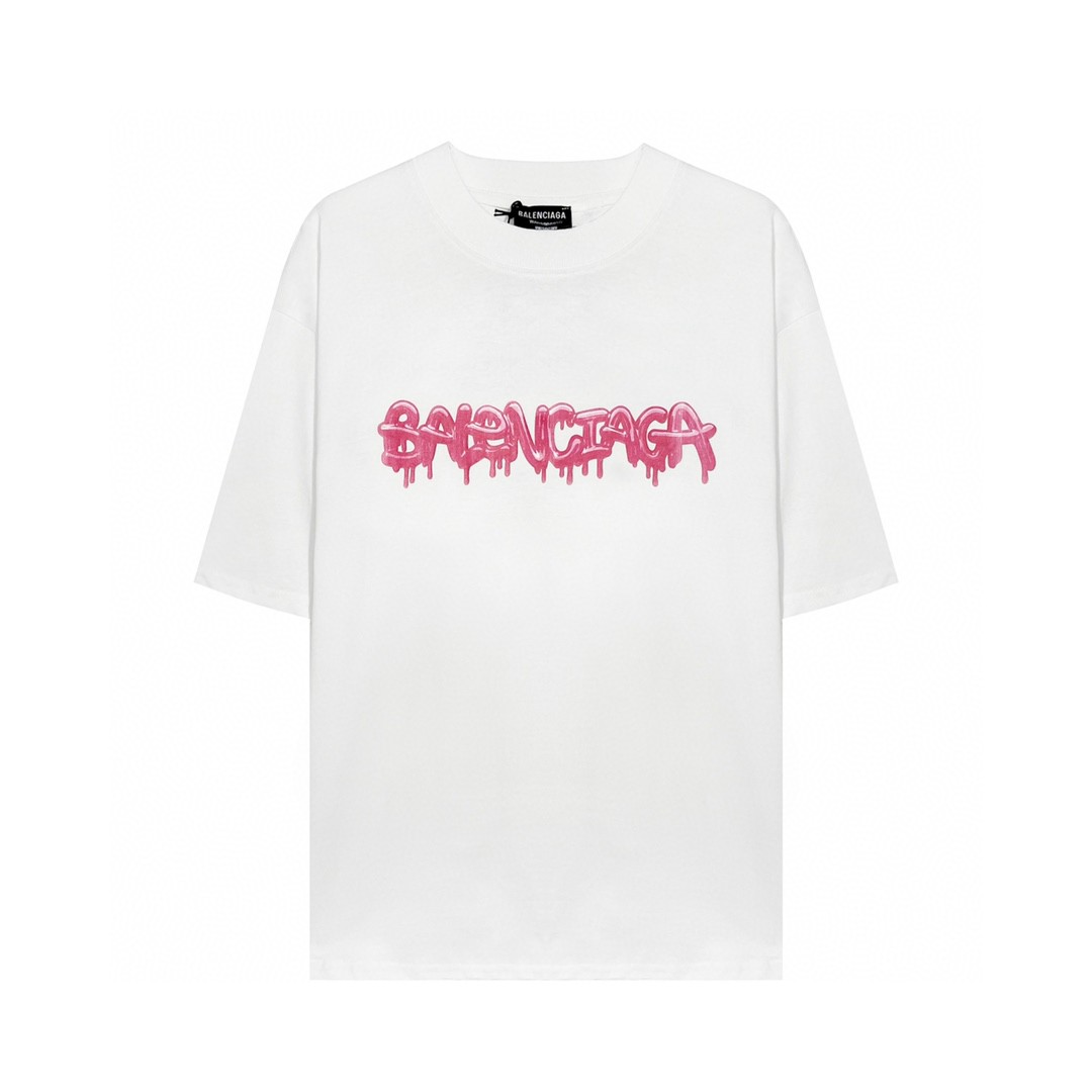 Balenciaga 巴黎世家 粉色字母logo 短袖 白色 T 恤 圆领 夏季 男女同款