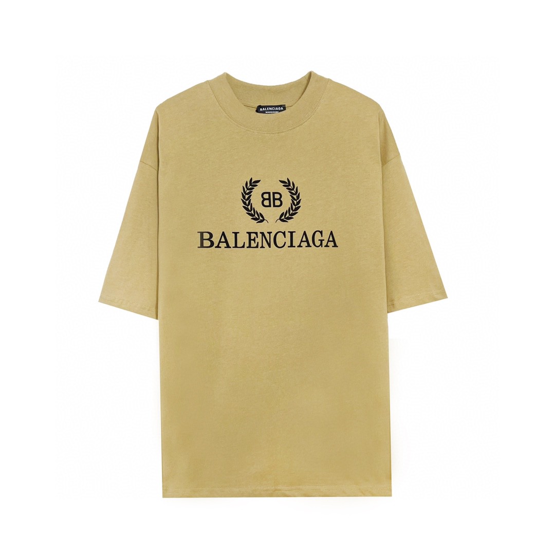 Balenciaga 巴黎世家 麦穗徽标 字母logo 短袖 卡其色 T 恤 圆领 夏季 男女同款