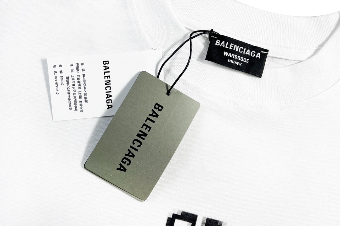 Balenciaga FW21马赛克模糊 Logo BB 字母 短袖 白色 T 恤 圆领 夏季 男女同款 612966TKVI79040