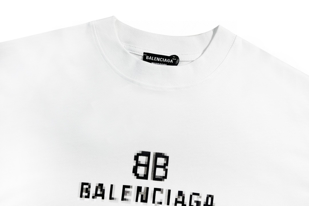 Balenciaga FW21马赛克模糊 Logo BB 字母 短袖 白色 T 恤 圆领 夏季 男女同款 612966TKVI79040