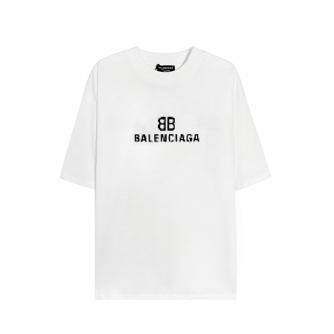 Balenciaga FW21马赛克模糊 Logo BB 字母 短袖 白色 T 恤 圆领 夏季 男女同款 612966TKVI79040