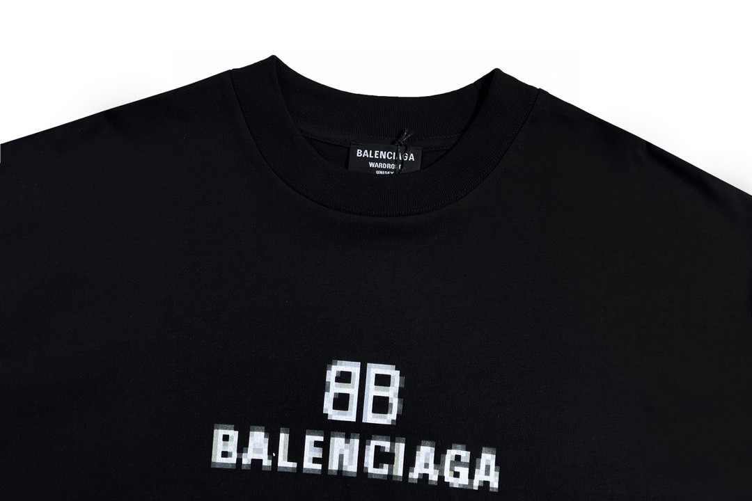 Balenciaga FW21马赛克模糊 Logo BB 字母 短袖 黑色 T 恤 圆领 夏季 男女同款 612966TKVI71070