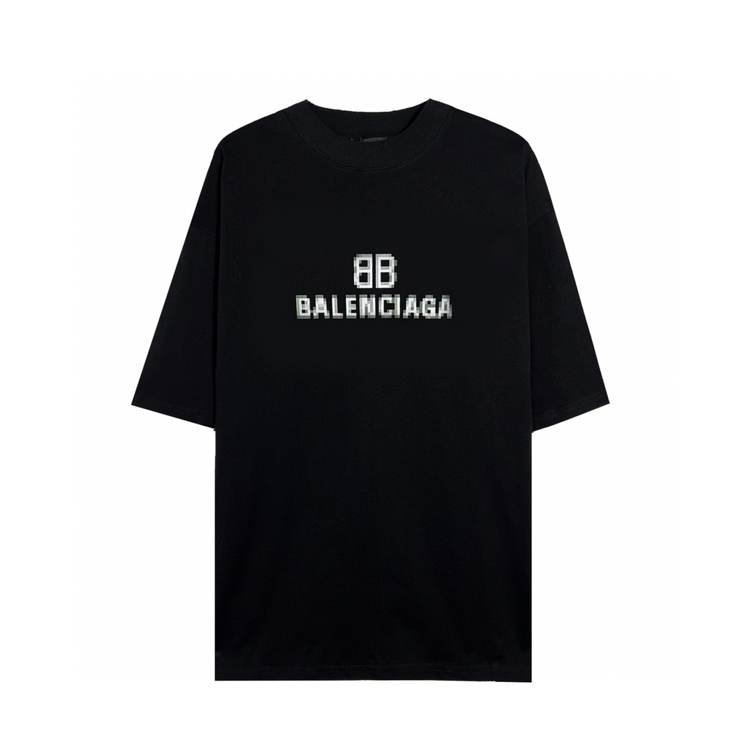 Balenciaga FW21马赛克模糊 Logo BB 字母 短袖 黑色 T 恤 圆领 夏季 男女同款 612966TKVI71070